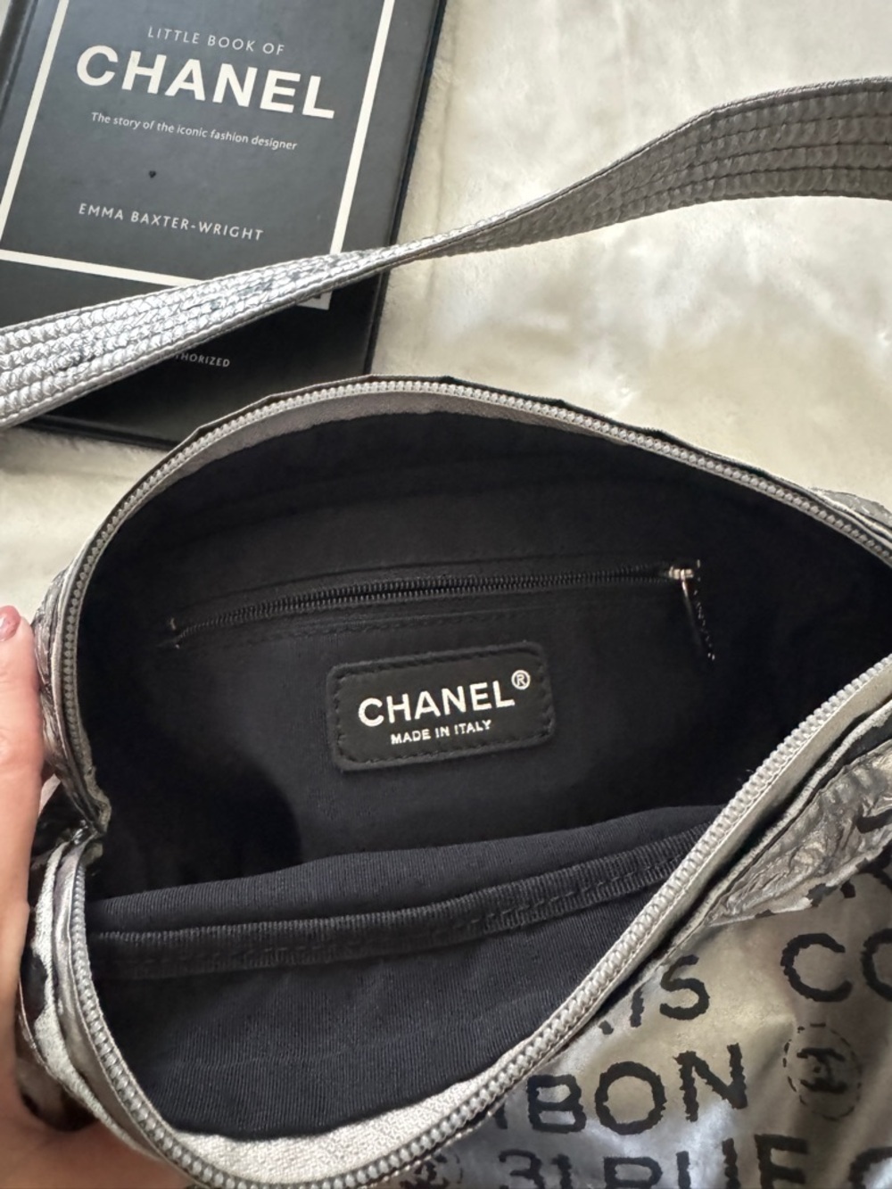 Authentic CHANEL Metallic Silver Logo Quilted Crossbody Bag - Picture 10 of 13